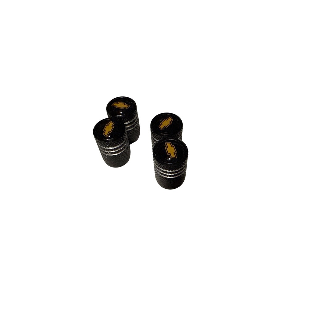 Chevrolet Black Knurled Tire Valve Stem Caps Gold Bowtie Logo Set of 4